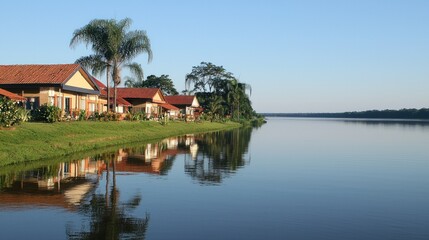 Riverfront homes, tranquil Amazon, sunrise reflection, tourism