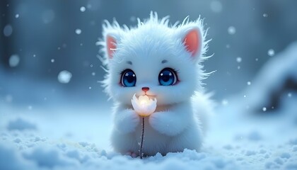 A small, adorable, fluffy, anthropomorphic winter creature with large, expressive, and luminous icy-blue eyes.