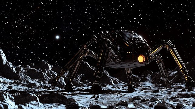 A four-armed alien constructing a complex device on a moon surface with stars twinkling above