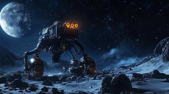 A four-armed alien constructing a complex device on a moon surface with stars twinkling above