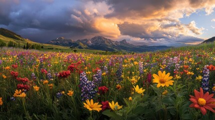 Fototapeta premium A vibrant field of colorful wildflowers under a dramatic sky, showcasing nature's beauty and serenity.
