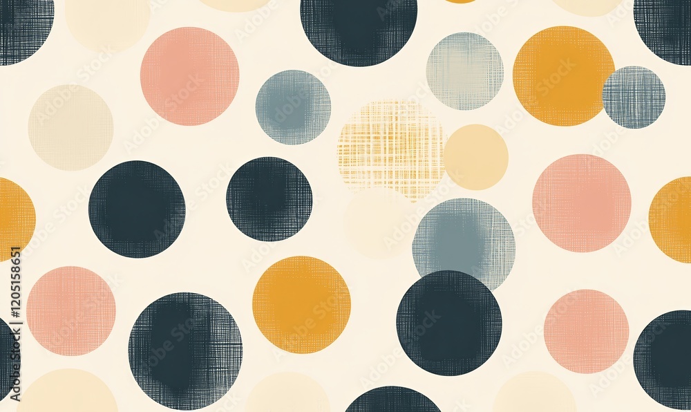 Poster a playful pattern featuring various textured circles in soft colors on a light background.