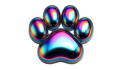 3D chrome element in Y2K style, isolated background, liquid holographic metal. Colorful paw print with a metallic shine, different colors, vibrant.