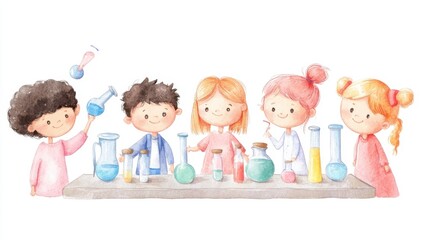 Five children engaged in fun scientific experiments, using colorful beakers and test tubes in a laboratory setting.