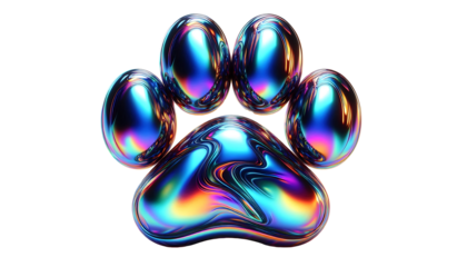3D chrome element in Y2K style, isolated background, liquid holographic metal. Colorful paw print with a metallic shine, different colors, vibrant.