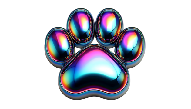 3D chrome element in Y2K style, isolated background, liquid holographic metal. Colorful paw print with a metallic shine, different colors, vibrant.