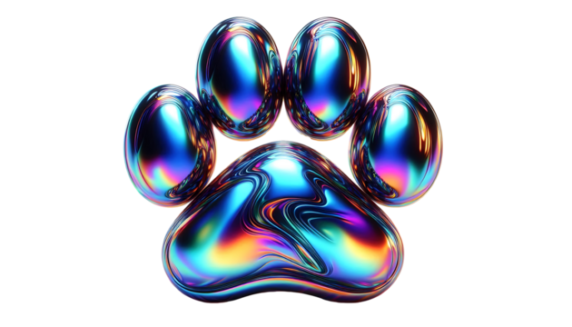 3D chrome element in Y2K style, isolated background, liquid holographic metal. Colorful paw print with a metallic shine, different colors, vibrant.