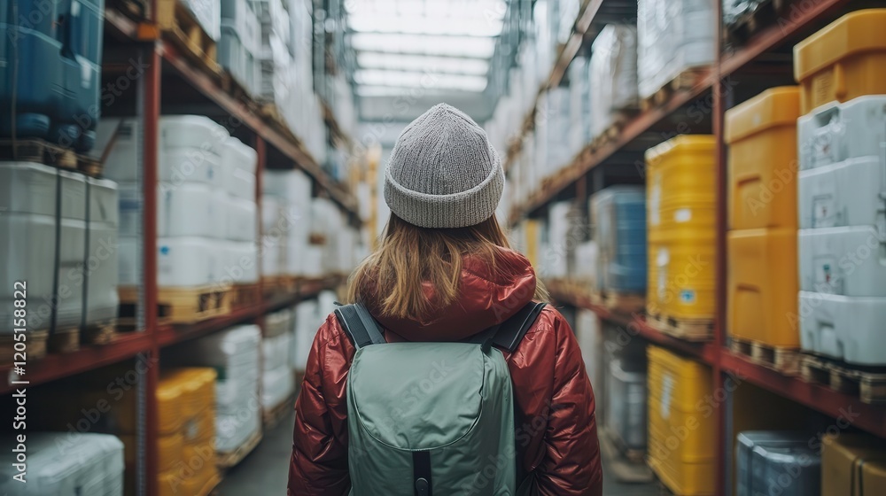 Poster a person with a backpack stands in a warehouse aisle surrounded by large colorful containers, creati