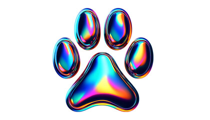 3D chrome element in Y2K style, isolated background, liquid holographic metal. Colorful paw print with a metallic shine, different colors, vibrant.