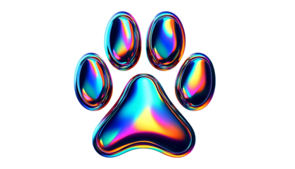 3D chrome element in Y2K style, isolated background, liquid holographic metal. Colorful paw print with a metallic shine, different colors, vibrant.