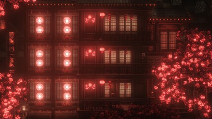 Illuminated Asian Building Night Scene with Blossoms