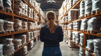 A woman stands in a warehouse aisle surrounded by stacked goods on shelves, observing the organized inventory.