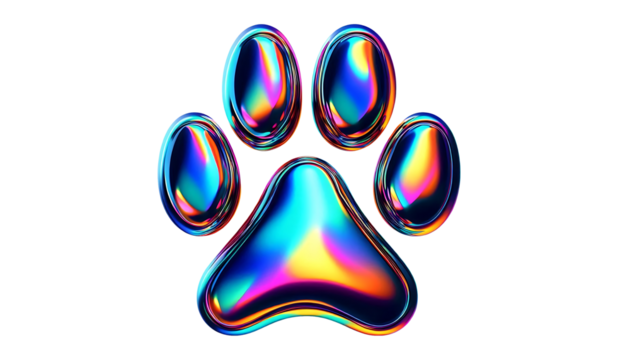 3D chrome element in Y2K style, isolated background, liquid holographic metal. Colorful paw print with a metallic shine, different colors, vibrant.
