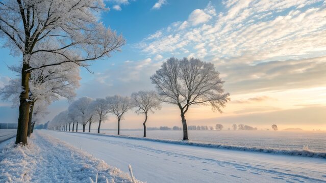 Winter Wonderland: A picturesque scene of snow-covered trees lining a rural road, with a soft mist and a dramatic sky, capturing the essence of a winter wonderland.  - Powered by Adobe