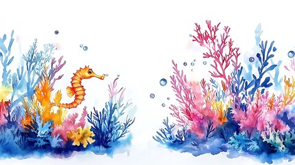 Fototapeta premium Watercolor Seahorse in Vibrant Coral Reef.