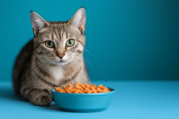 Studio Shot of Gray and White Striped Cat Sitting on Blue Background







