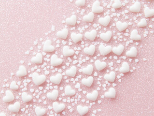 Light pink background with small white hearts and glitter
