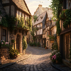 Fototapeta premium Cobblestone Lane in a Quaint Village: A charming cobblestone lane winds through a picturesque village, lined with quaint, half-timbered houses adorned with climbing vines and blooming flowers.