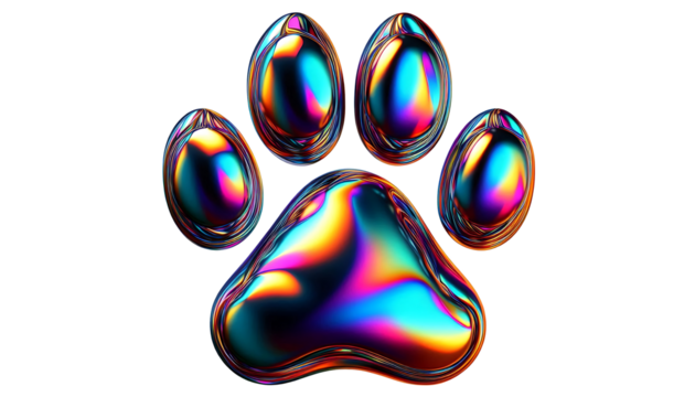 3D chrome element in Y2K style, isolated background, liquid holographic metal. Colorful paw print with a metallic shine, different colors, vibrant.