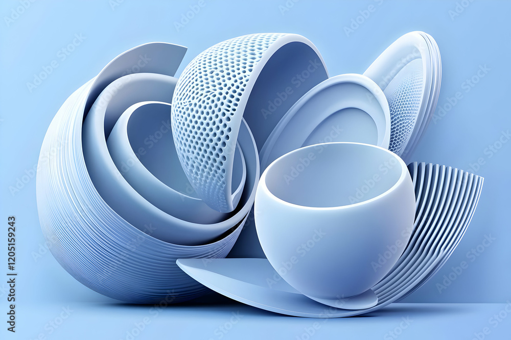 Poster abstract 3d shapes intertwine and create a visually stimulating composition against a blue backdrop.