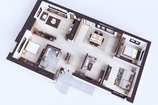 3D Floor Plan Shows Modern Apartment Layout with Furnishings and Architectural Details