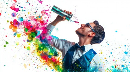 Bartender mixes colorful cocktail creation using flair techniques for vibrant visual display at a lively event