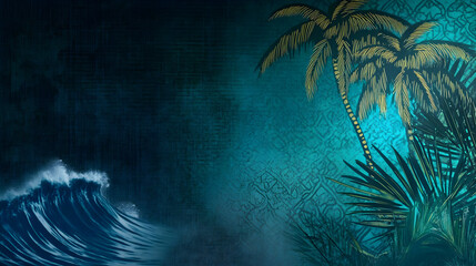 Tropical Paradise Illustration with Ocean Waves and Palm Trees on Textured Background