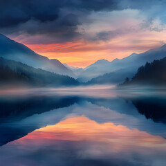 Misty Mountain Reflections:  A picturesque landscape unfolds with breathtaking views of the mountain range as the sun sets.  The colorful sky reflects off the still waters of the lake.