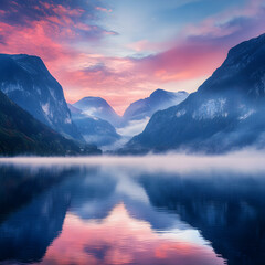 Fototapeta premium Serene Mountain Lake at Sunrise: A breathtaking panorama of a serene mountain lake at sunrise, with misty clouds engulfing the peaks.