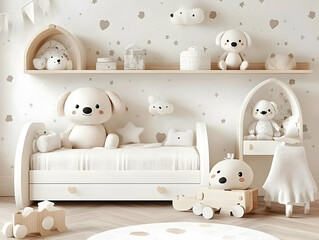 3D Illustration of Cozy Minimalist Nursery Decor Featuring Plush Toys and Wooden Furniture