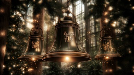 Illuminated Bells Hanging in Winter Forest Setting