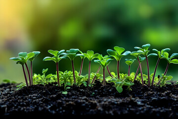 Small Green Sprouts Growing Up From Dark Soil in Sunlight Background Gently