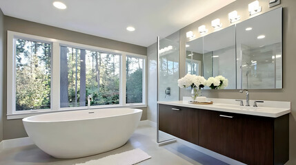 Fototapeta premium Modern Bathroom Features Soaking Tub, Double Vanity, and Large Window Overlooking Lush Greenery.