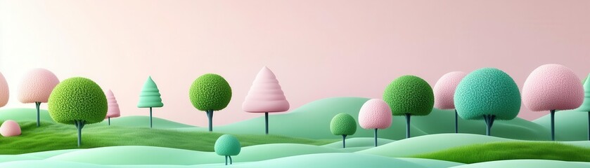 A whimsical landscape featuring colorful, stylized trees on rolling hills against a soft pastel background.