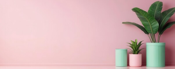A serene interior scene featuring potted plants against a soft pink wall, creating a fresh and inviting atmosphere.