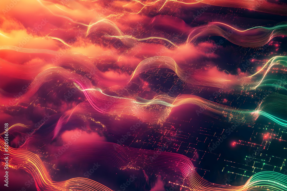 Poster abstract background shows wavy lines flowing smoothly with vibrant colors and particles.