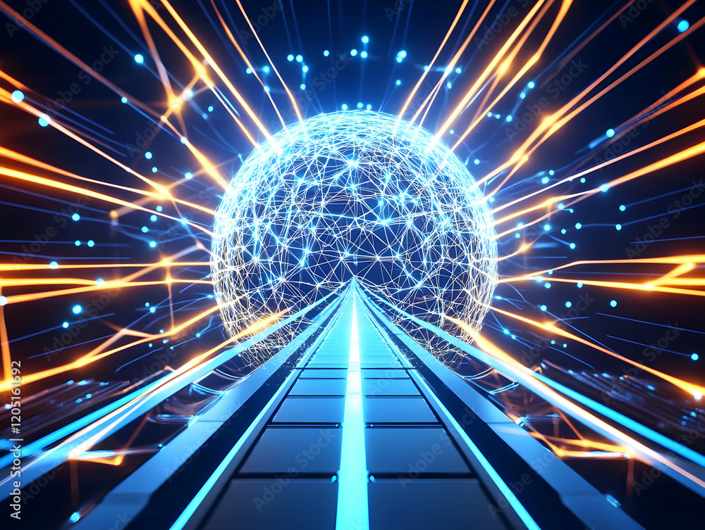 Poster abstract 3d illustration of path leading to glowing wireframe sphere with light rays