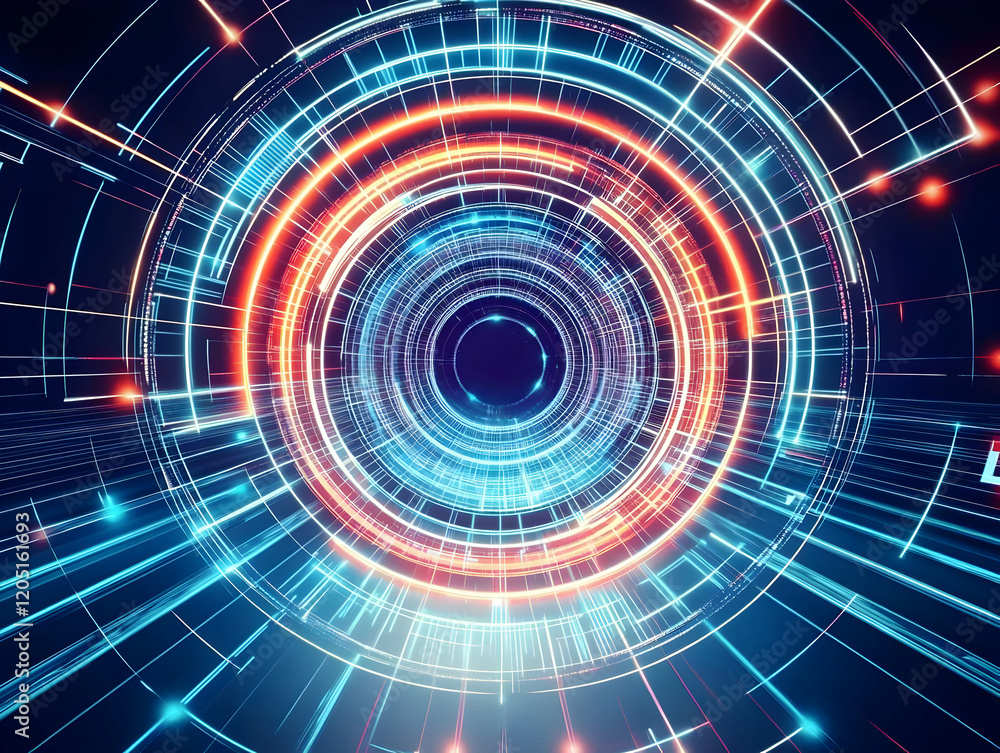 Poster Abstract Circular Design with Glowing Lines Creates a Futuristic Tunnel Effect Background