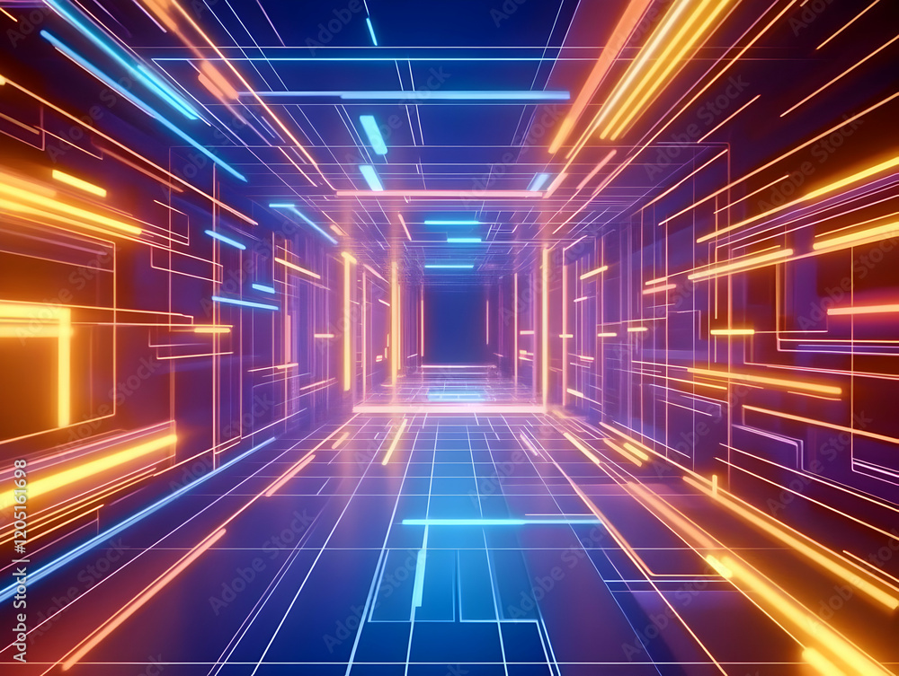Poster neon lights illuminate futuristic corridor with glowing lines, creating vibrant abstract background