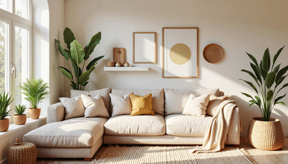 Fototapeta premium Cozy living room with plants and neutral decor