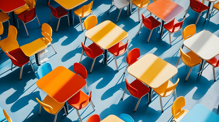 Expansive school cafeteria panorama, filled with neat tables and colorful chairs AI Generated