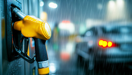Gas station nozzle under rain with blurred car lights in the background, depicting fuel and travel essence.
