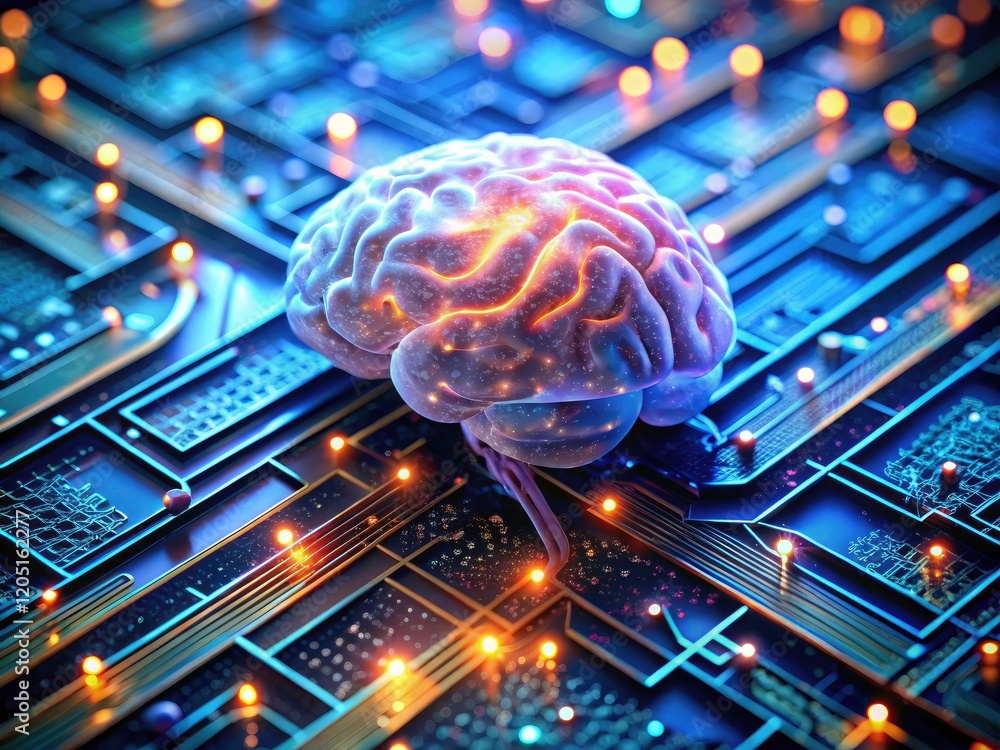 Poster advanced brain model, ai technology represented by a futuristic circuit board pulsing with glowing p
