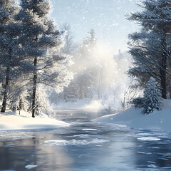 Fototapeta premium A snowy winter forest with trees covered in frost and sunlight shining through the blue sky
