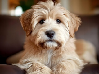 Fluffy Puppy Rests on a Brown Leather Couch, Gazing Calmly at the Camera with Big Eyes