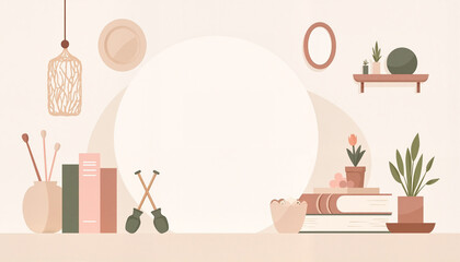 Stylish home decor with plants and books on light background