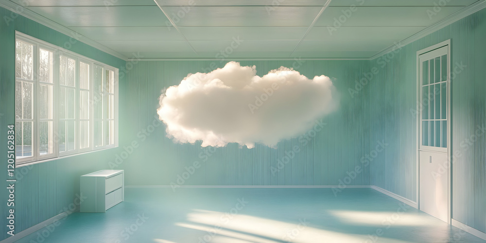 Poster A 3D Render of a Cloud Floating in a Teal Room with White Trim and a Window