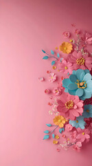 Naklejka premium Colorful Paper Flowers and Leaves Decorate a Pink Background Beautifully and Elegantly