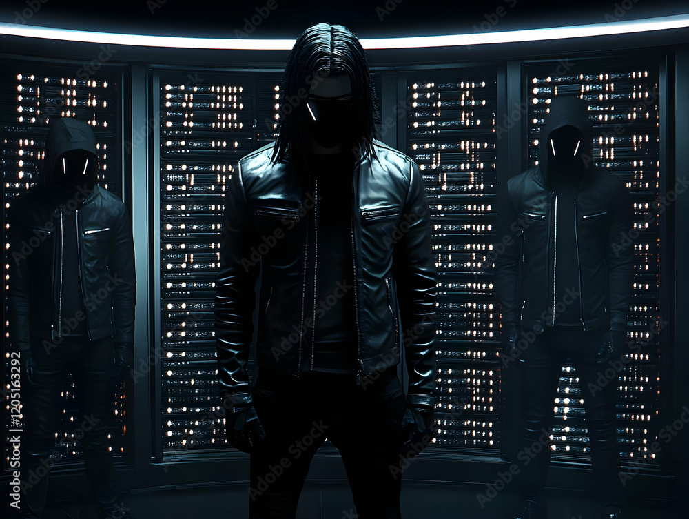 Aufkleber cyberpunk agents guard server room in futuristic setting with advanced technology