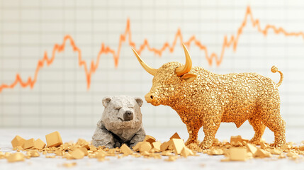 Gold bull and bear figurines with stock graph background, representing market trends and investment concepts.